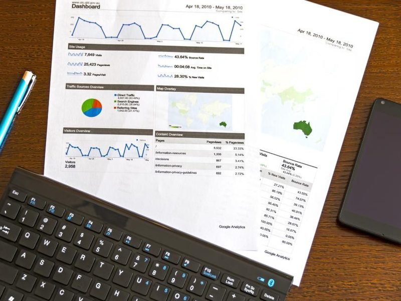 Printed reports with charts beside a keyboard